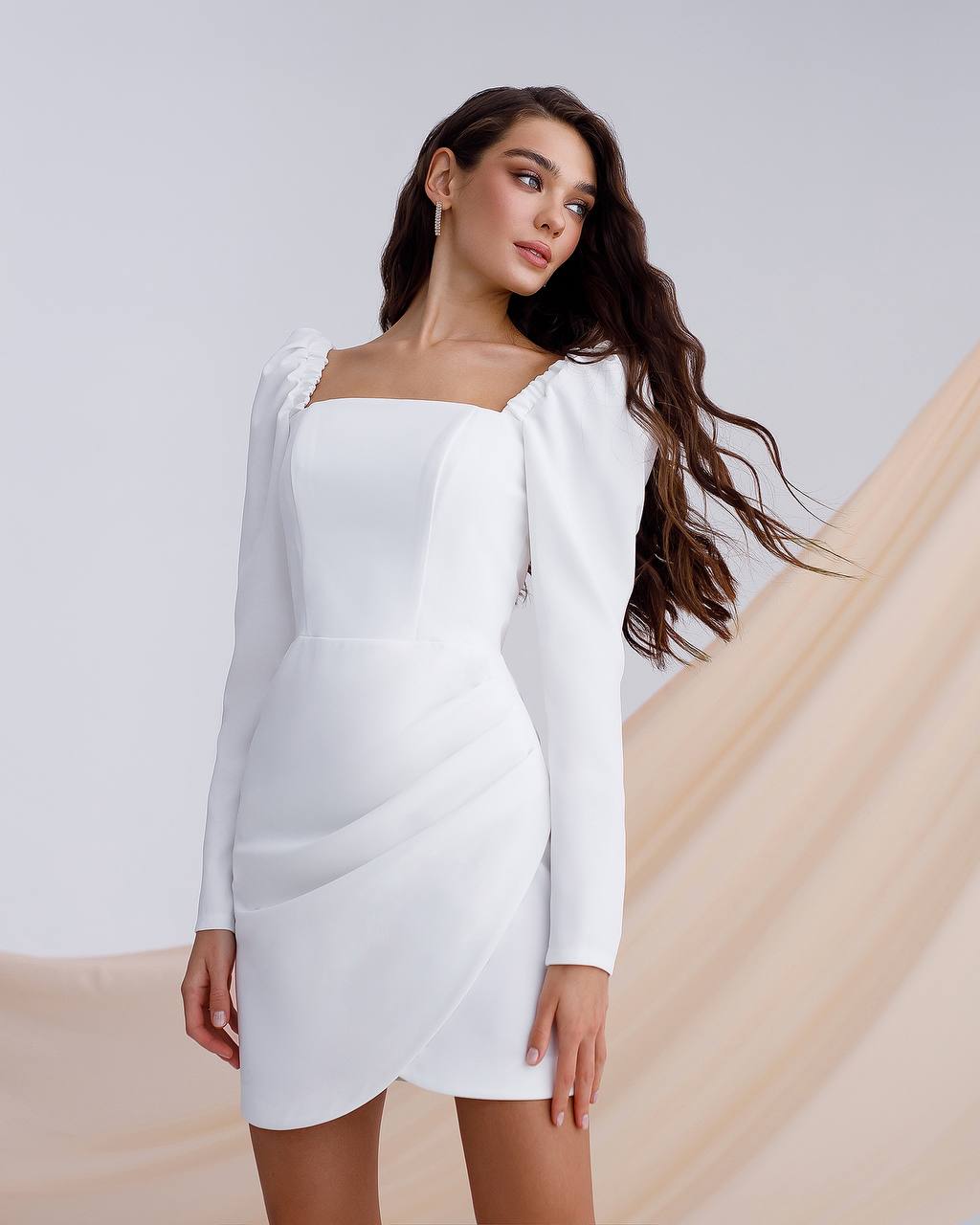 Elegant Off Shoulder Mini Dress in Premium Diagonal Crepe