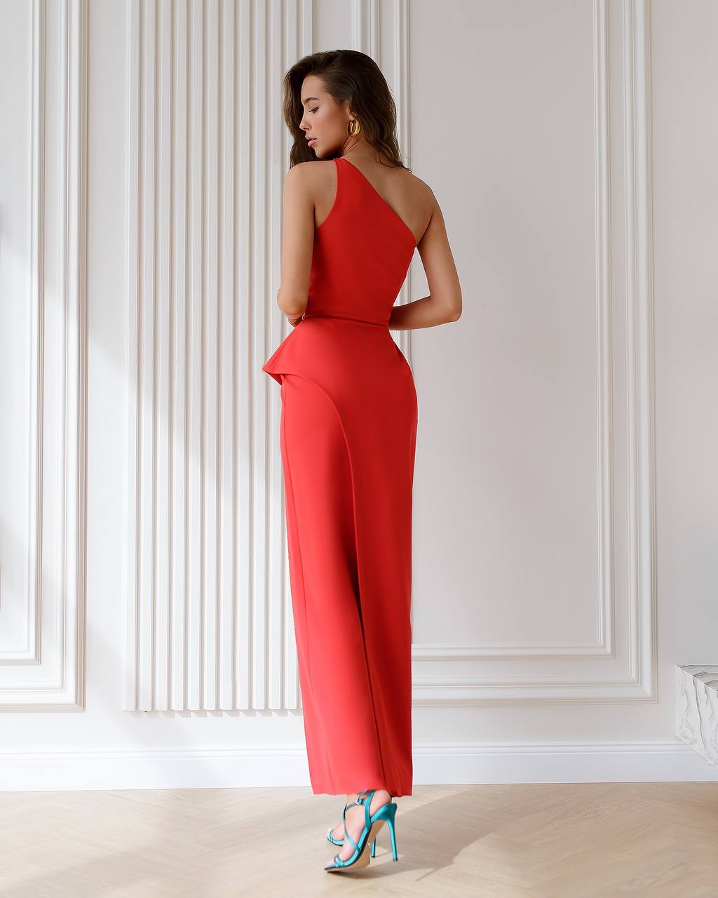 One Shoulder Red Midi Dress with Side Slit