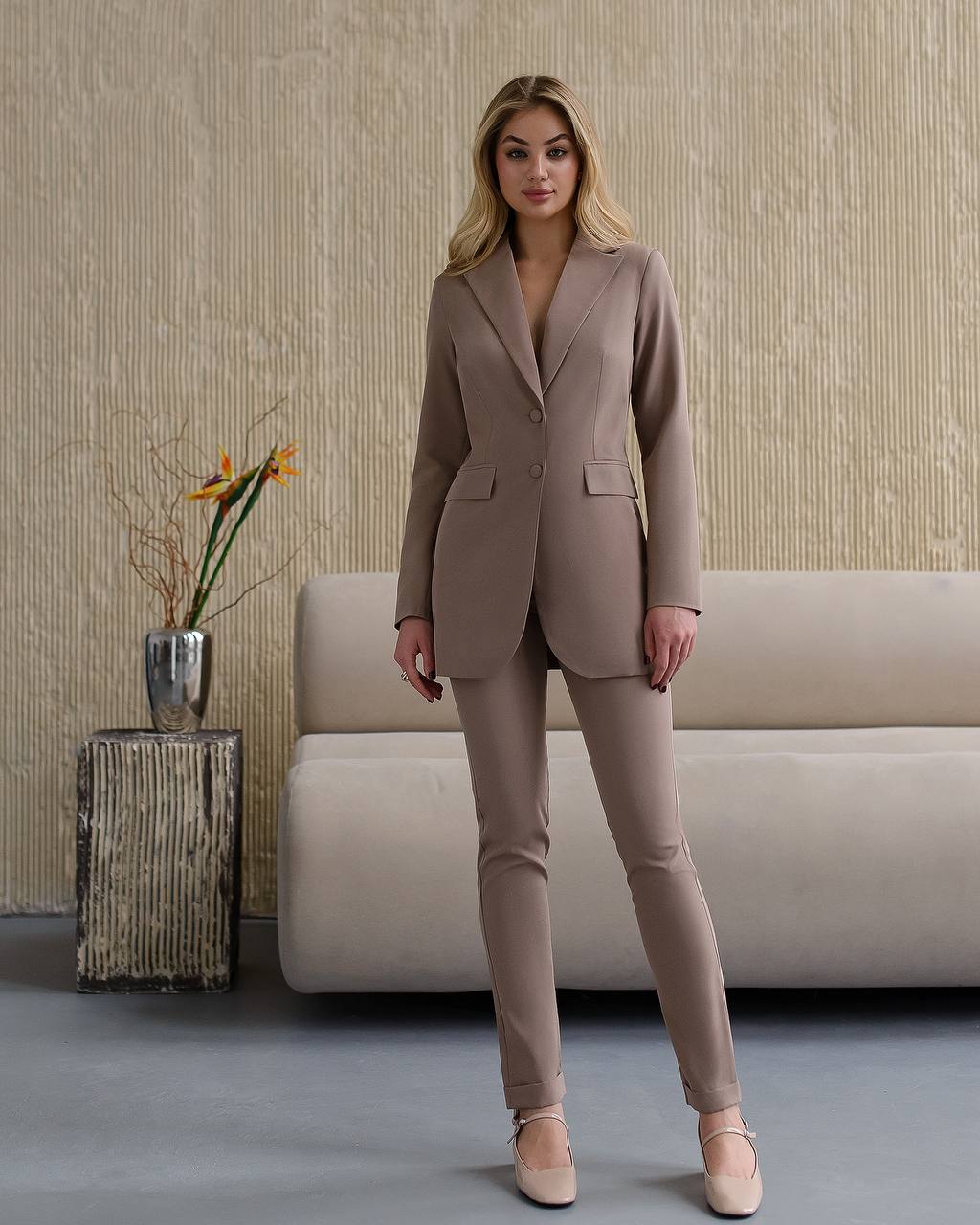 Premium Diagonal Crepe Women's Suit with Lined Blazer and Slim Pants