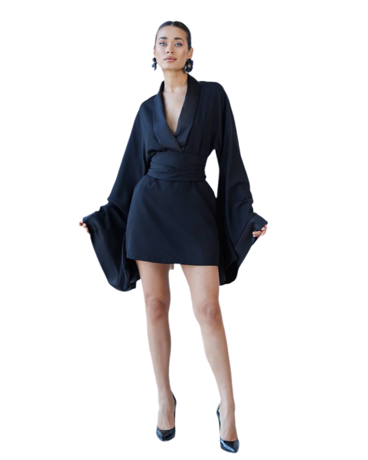 Elegant Black Mini Dress with Wide Belt and Satin Elements