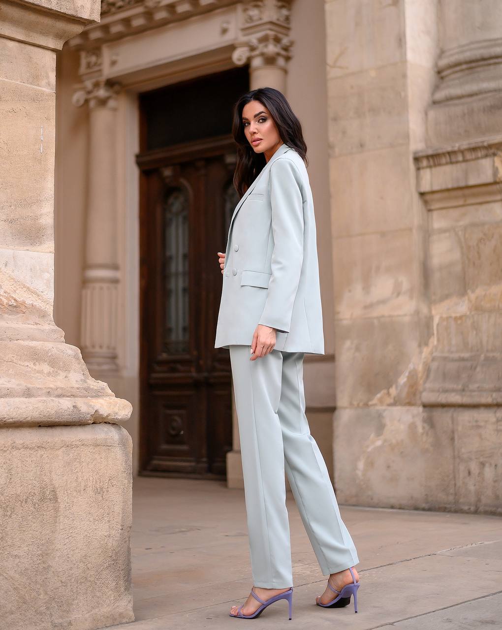 Luxury Diagonal Suiting Crepe Women's Suit in Blue