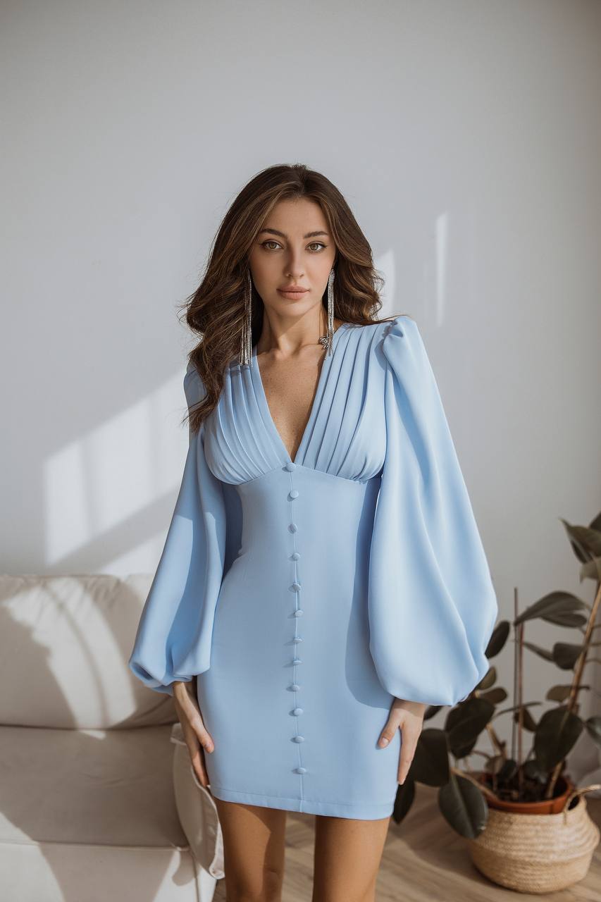 Woman wearing a light blue dress with balloon sleeves in a room with a plant and cushion.