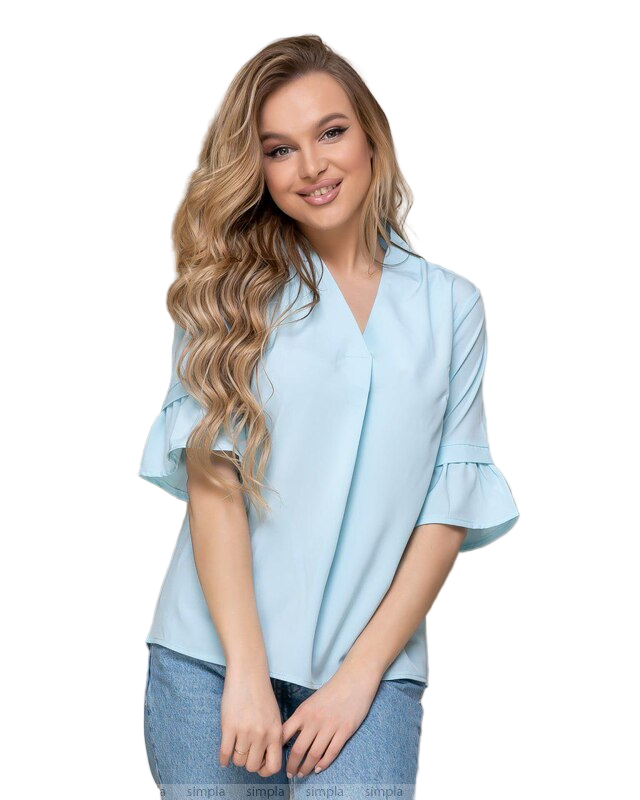 Light Blue Turkish Soft Fabric Casual Blouse with V-Neck and 3/4 Sleeves