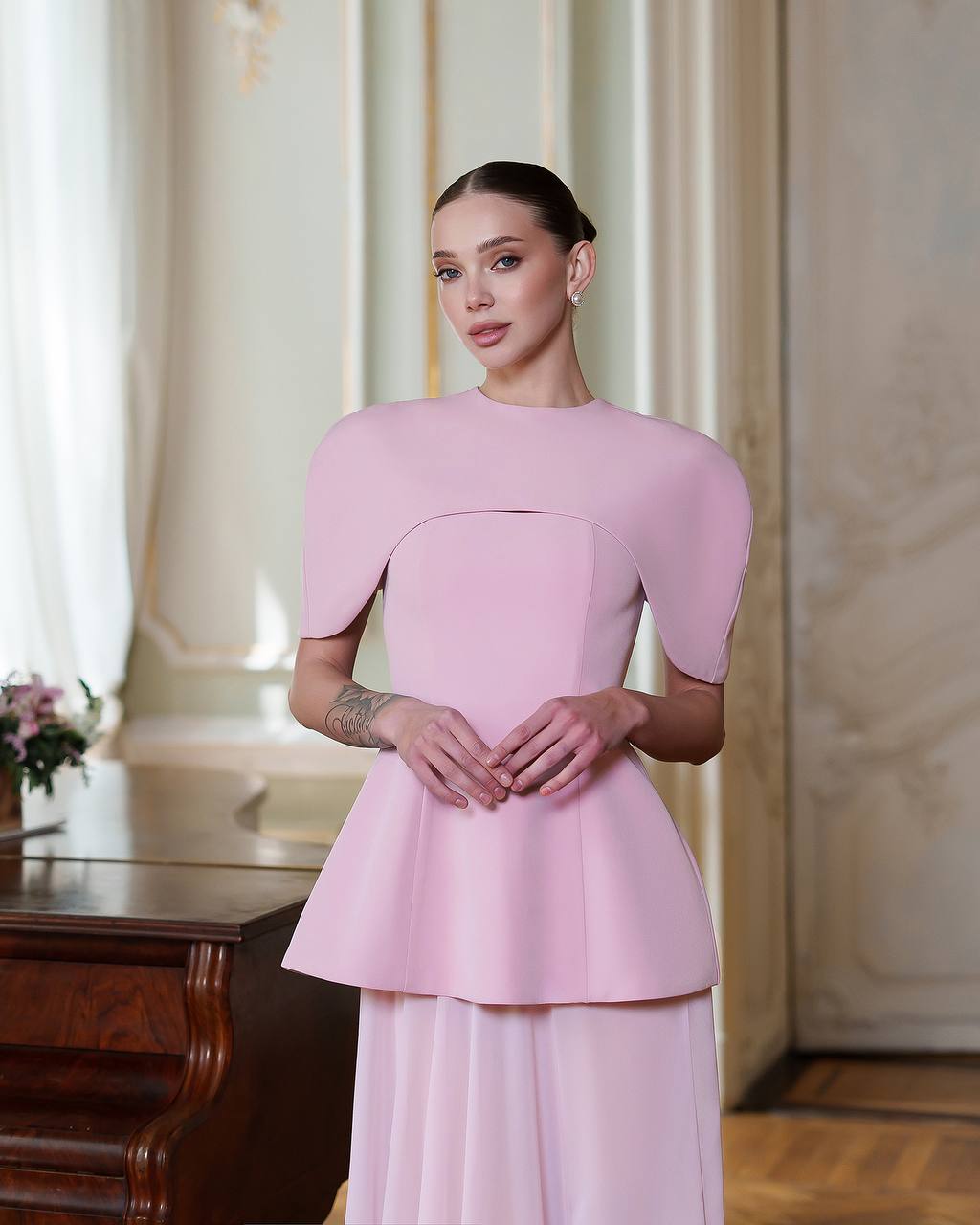 Elegant Corset Dress Set with Cape in Premium Crepe and Chiffon