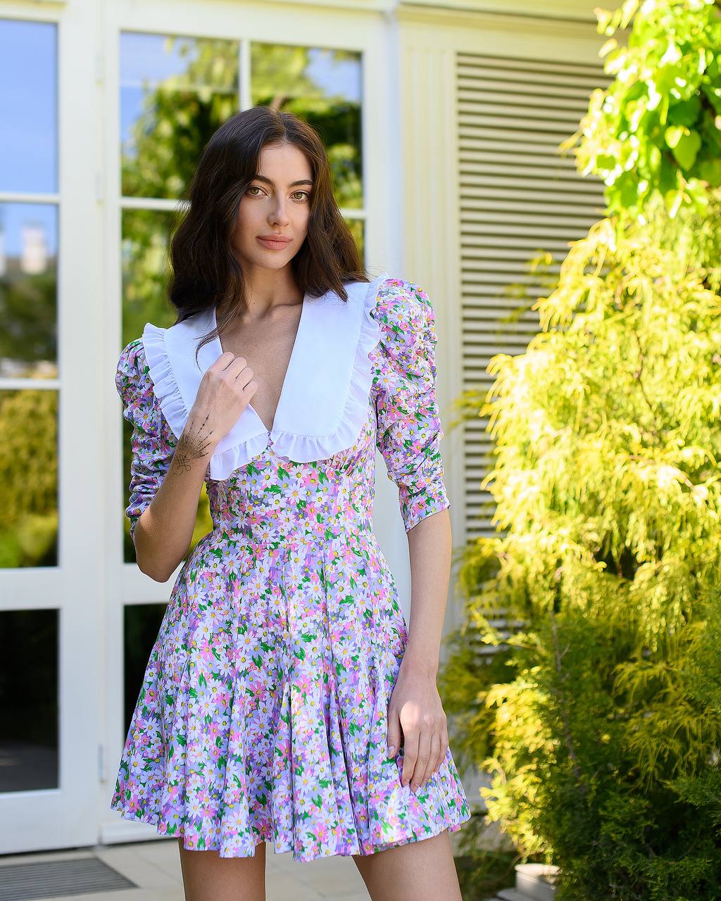 Women Floral Print Dress with White Cotton Collar