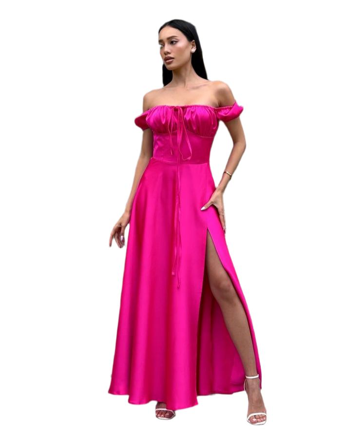 Lux Satin Off Shoulder Maxi Dress with Side Slit for Women