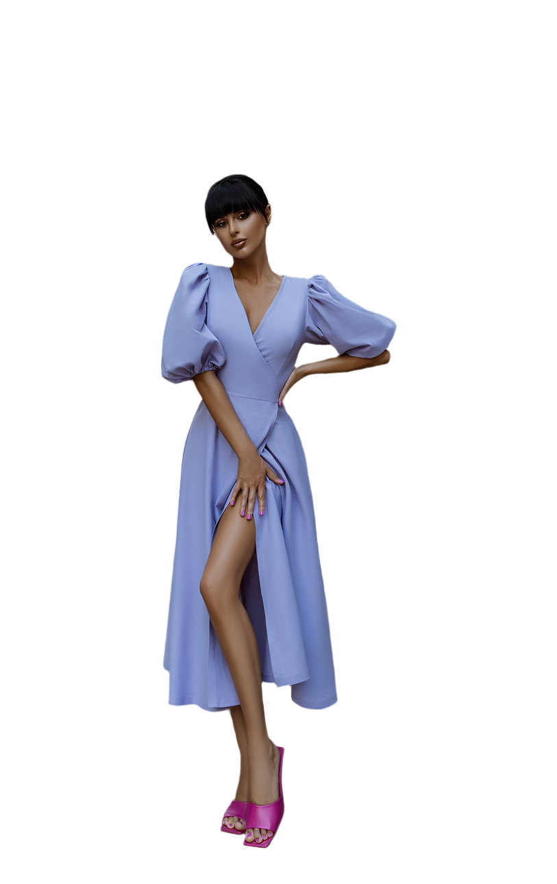 Linen Puff Sleeve Sundress V Neck Lavender Midi Dress