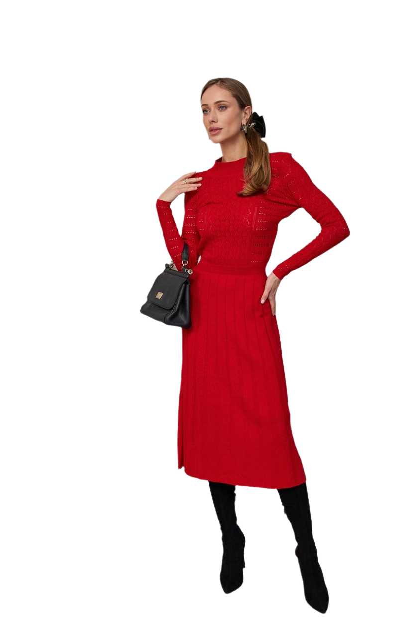 Classic Red Daily Dress for Women with Openwork Pattern