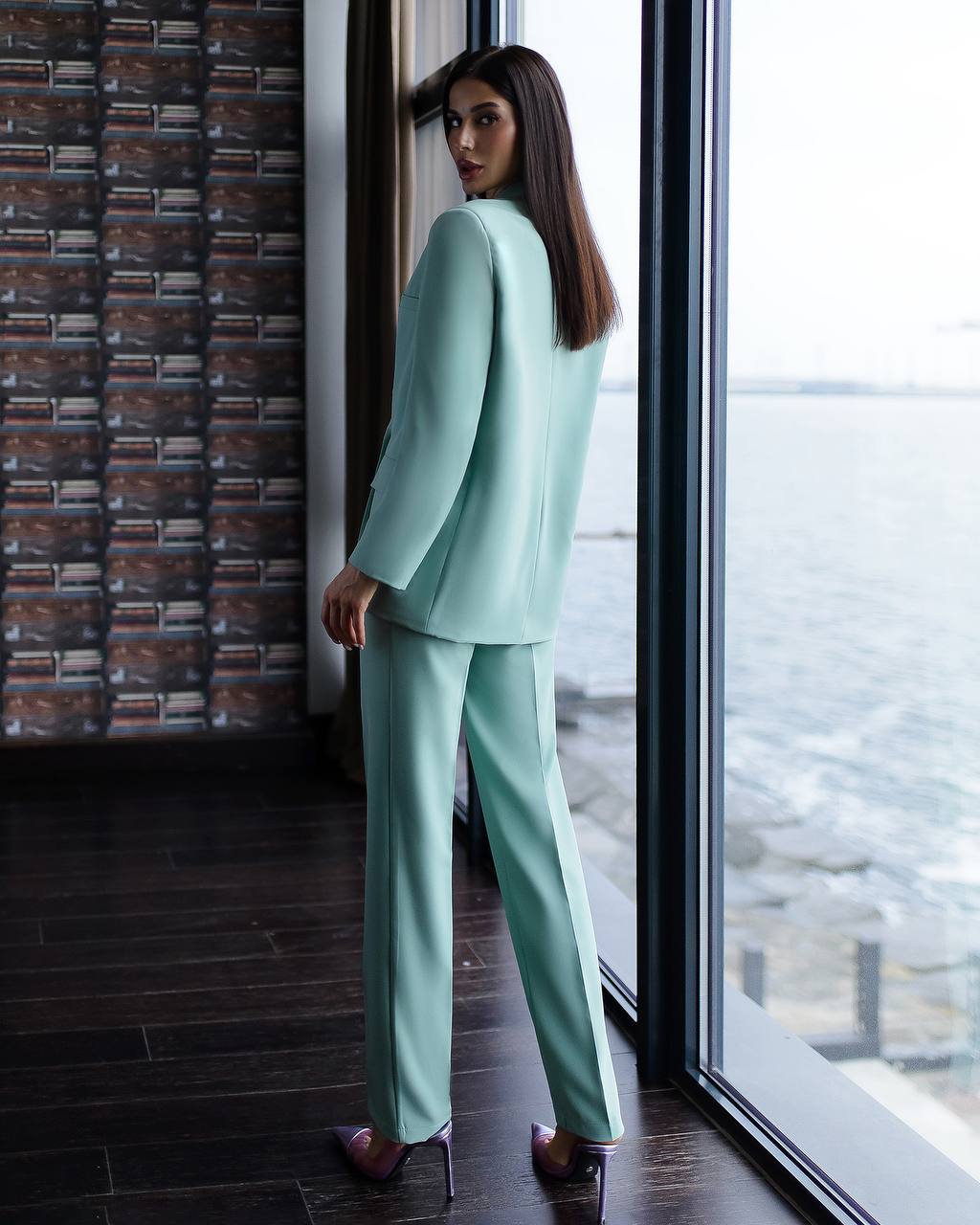 Luxury Diagonal Suiting Crepe Women's Suit in Blue
