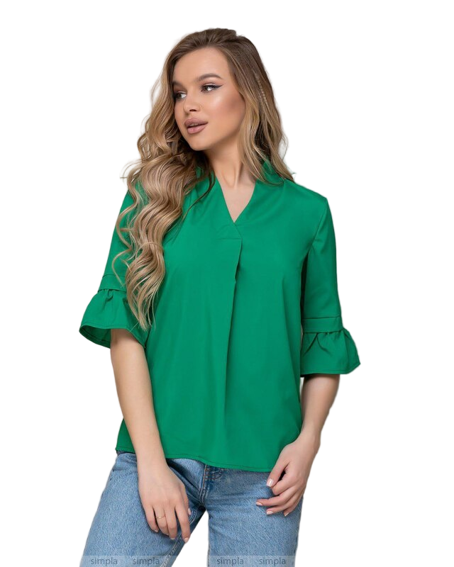Green V-Neck 3/4 Sleeve Women's Casual Blouse