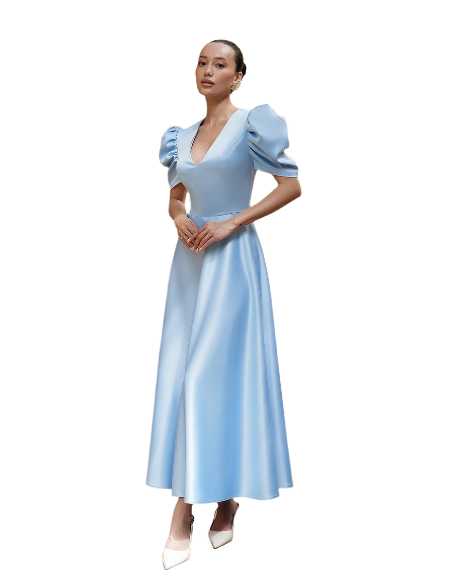 Elegant Premium Satin Puff Sleeve Midi Dress in Blue