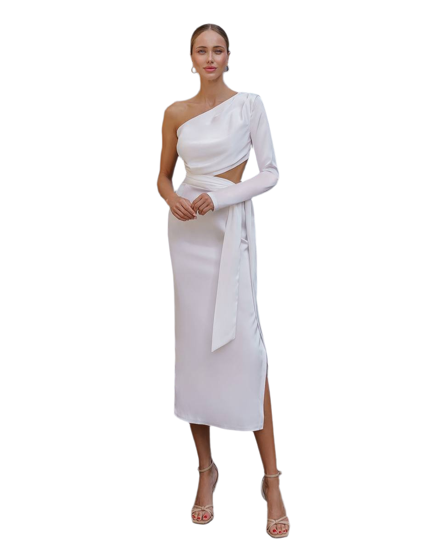 Elegant White One-Shoulder Midi Dress in Dense Satin