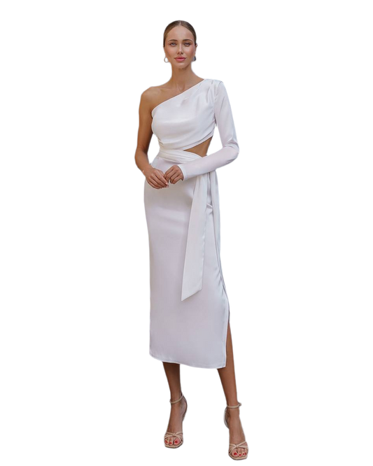 Elegant White One-Shoulder Midi Dress in Dense Satin