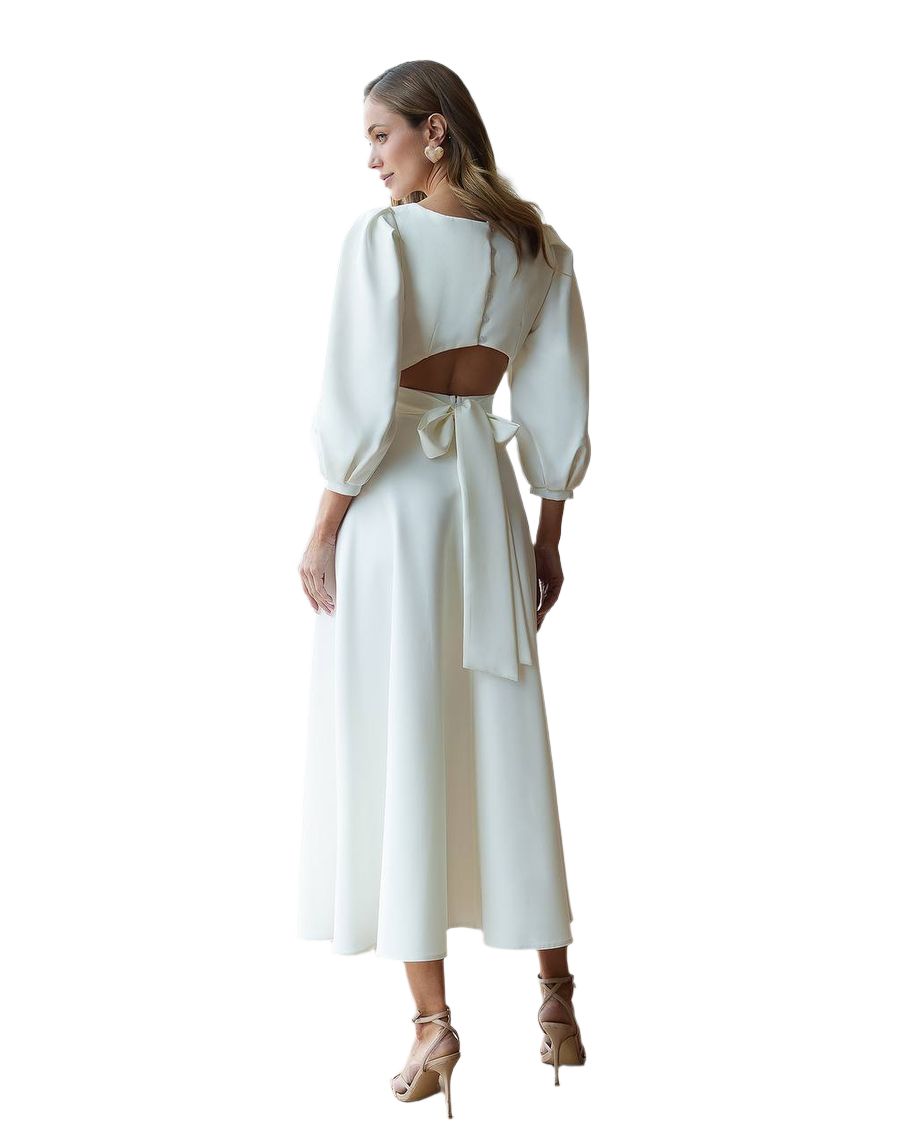 Elegant Women's Midi Dress with Open Back and Puff Sleeves