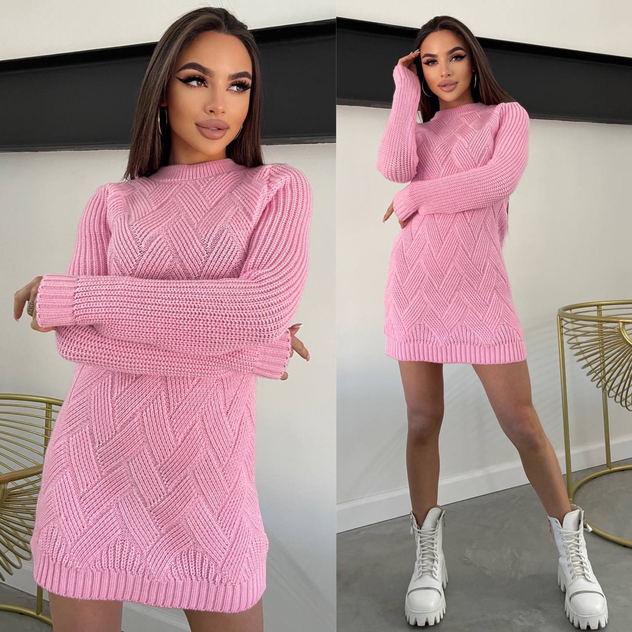 Woman wearing a pink knitted dress in two different poses.