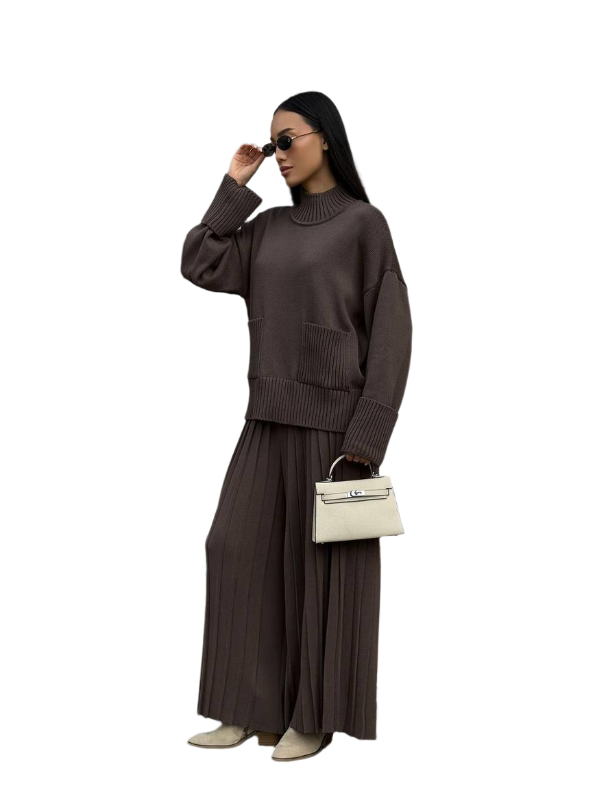 Womens Sweater and Cropped Culotte Pants Suit Brown Comfy Knit Set