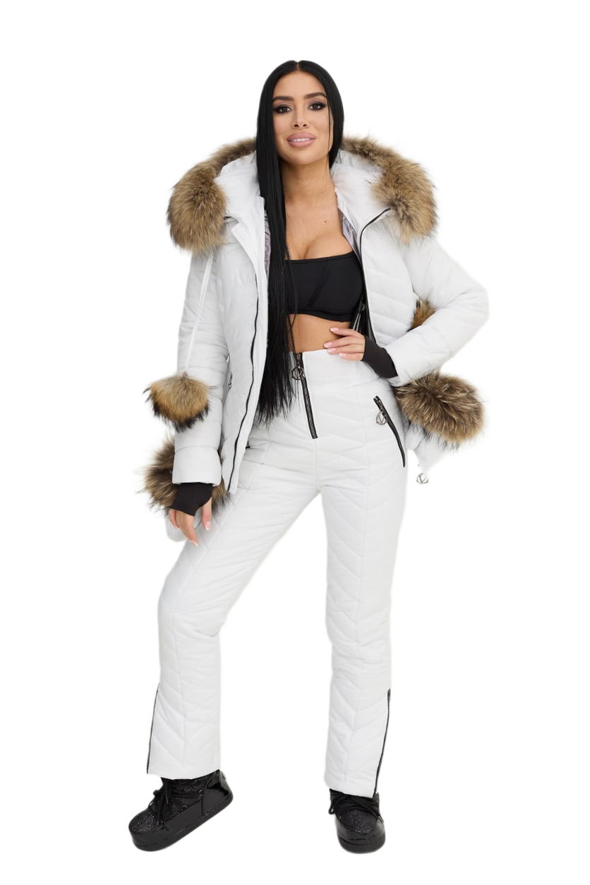 Womens White Winter Warm Ski Suit with Siliconized Fiber and Natural Raccoon Fur