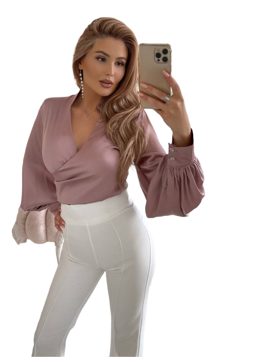 Elegant Women Blouse Pink Long Puff Sleeve Silk Top