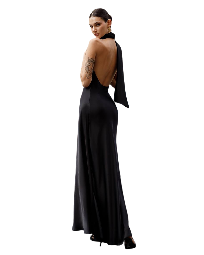 Elegant Black Maxi Dress in Dense Satin Fabric