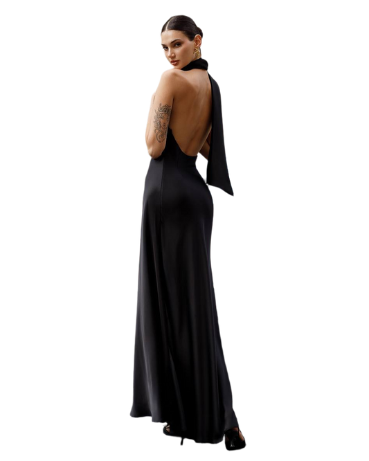 Elegant Black Maxi Dress in Dense Satin Fabric