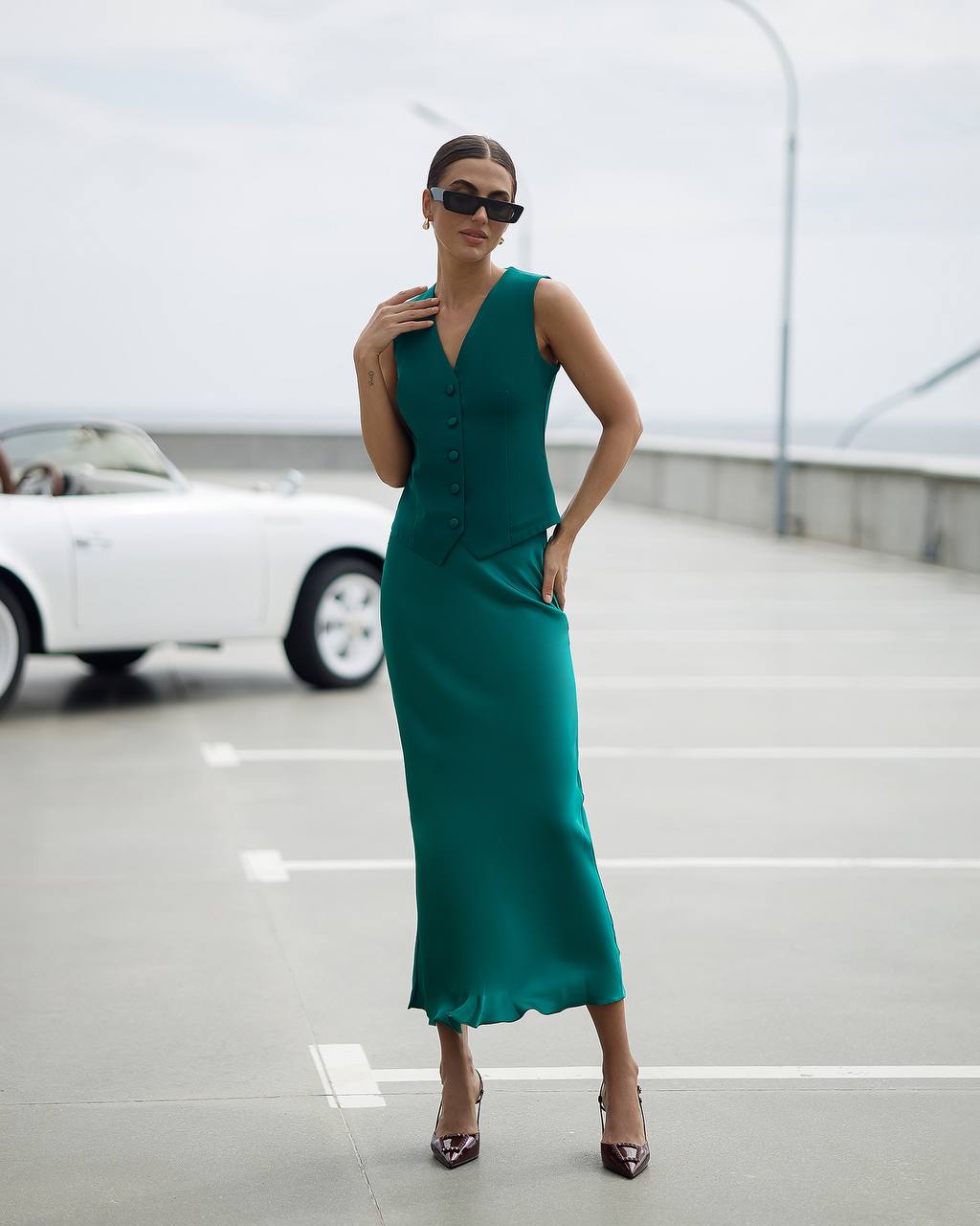Womens Premium Diagonal Suit Crepe Vest in Green