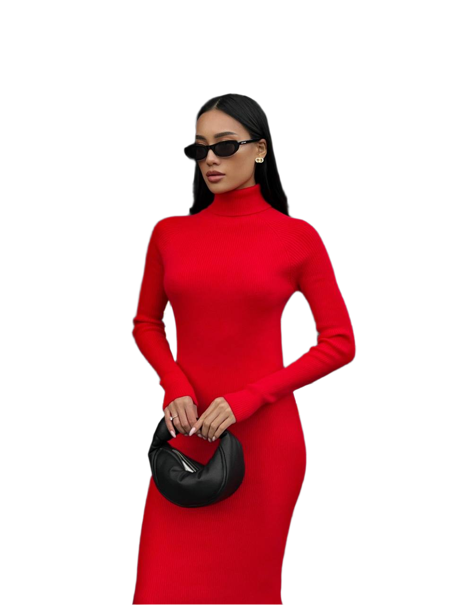 Woman wearing a red dress and black sunglasses holding a black handbag on a white background