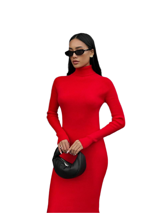 Woman wearing a red dress and black sunglasses holding a black handbag on a white background