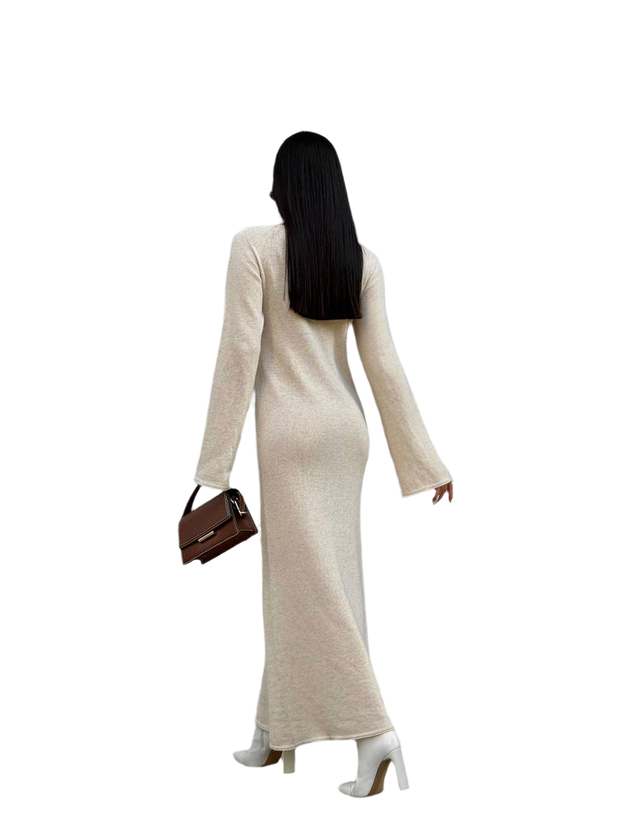Woman in a long beige dress holding a brown handbag on a white background