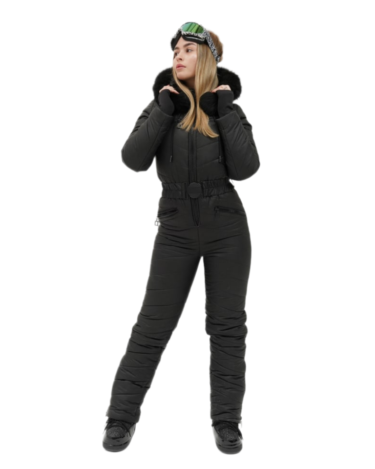 Womens Insulated Ski Jumpsuit with Natural Black Fox Fur Hood Trim