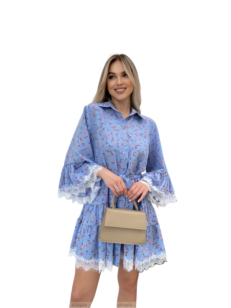 Stylish Blue Floral Print Dress with Lace Trim