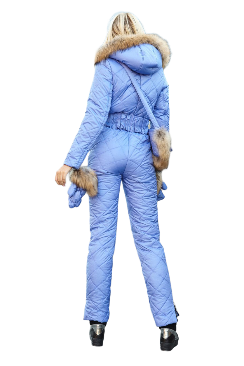 Blue winter jumpsuit with fur trim on a white background