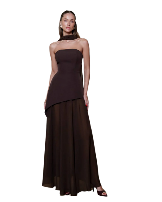 3 Piece Elegant Brown Wedding Bridal Set - Corset Style Dress, Chiffon Skirt and Scarf