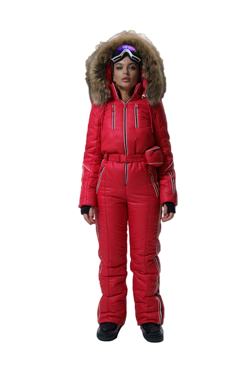 Womens Winter Ski Jumpsuit Red Luxury Fox Fur Hood Water Repellent Insulated
