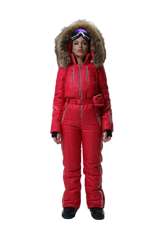 Womens Winter Ski Jumpsuit Red Luxury Fox Fur Hood Water Repellent Insulated