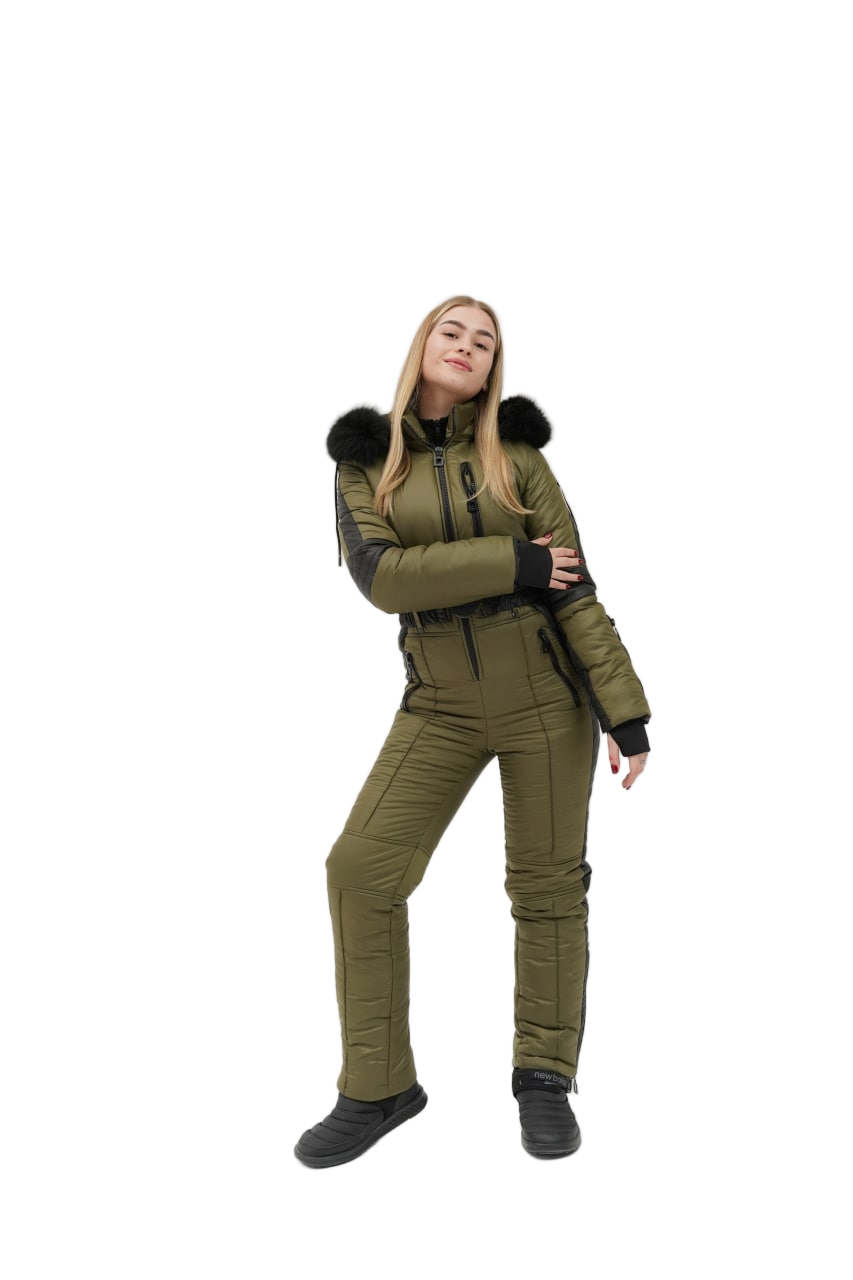 Person wearing a green winter suit with fur-lined hood on a white background