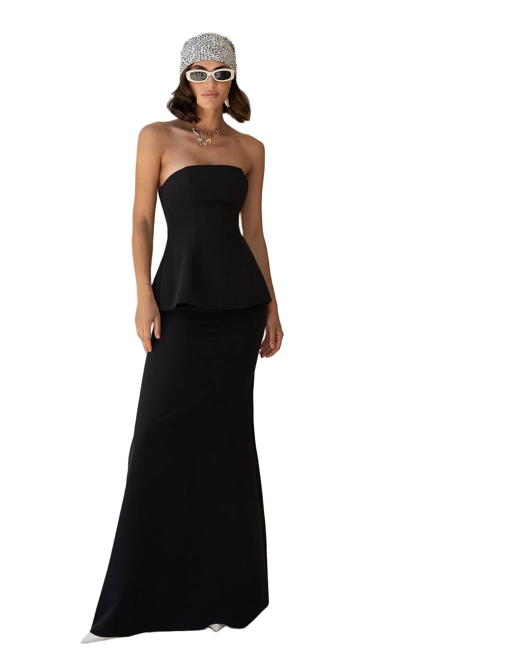 Black Bandeau Peplum Top and Skirt Set Premium Crepe Evening Dress