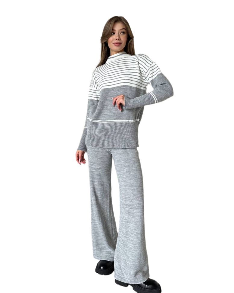 Fine Knit Women Sweater and Skirt Set Grey and White Striped