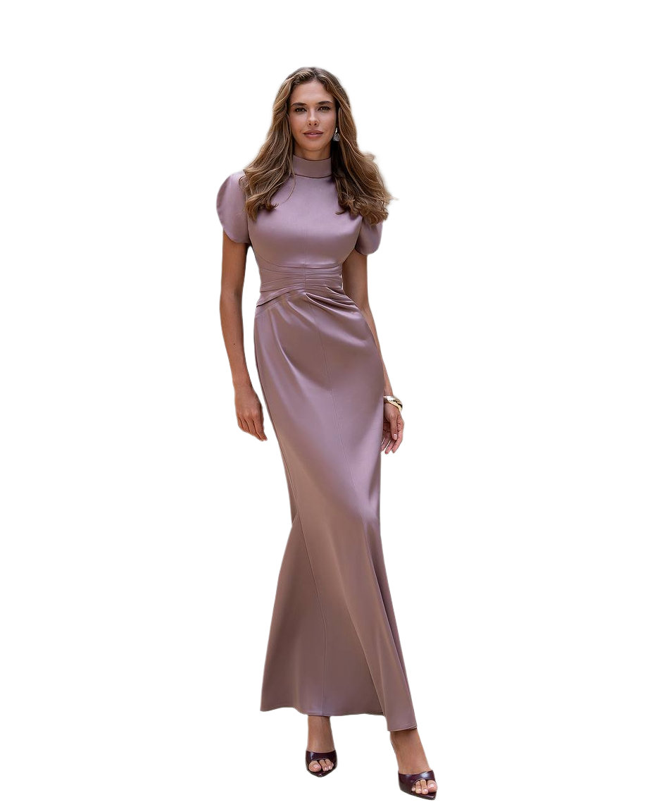 Elegant Long Mango Satin Dress with Puff Sleeves