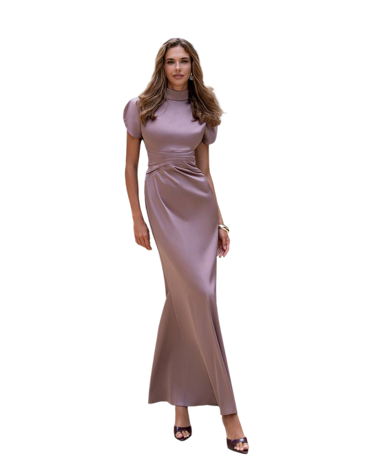 Elegant Long Mango Satin Dress with Puff Sleeves
