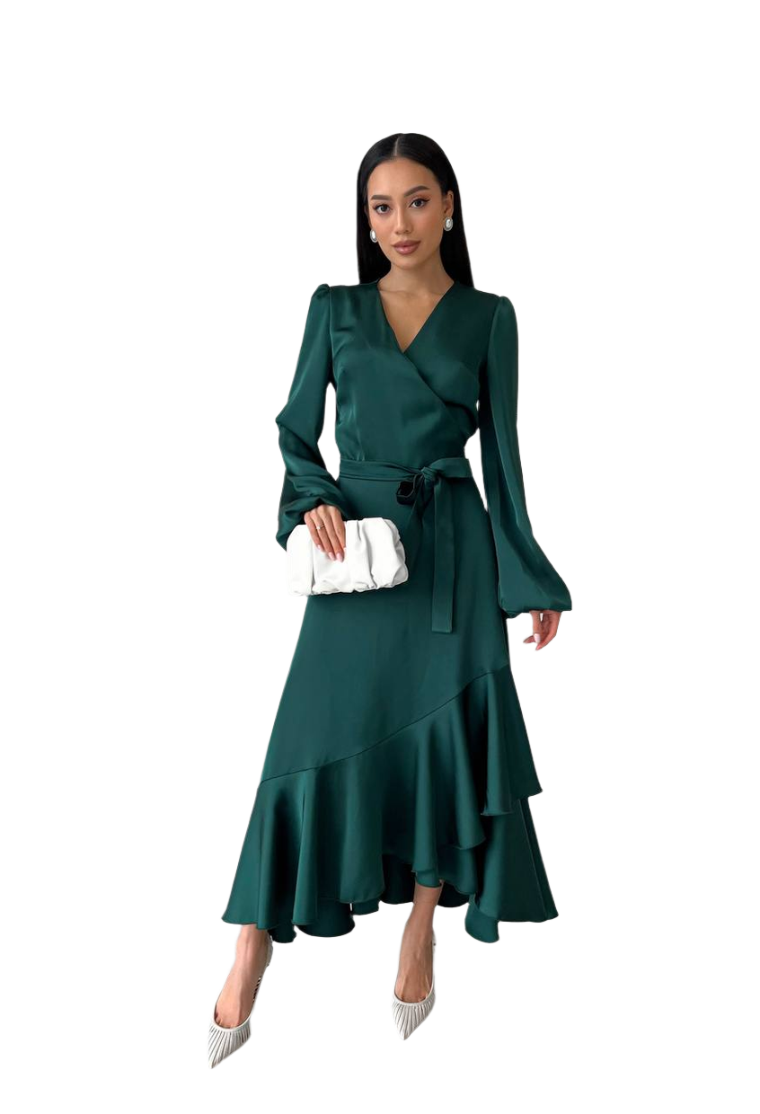 Elegant Satin Long Sleeve Dress with Ruffled Hem and Waist Tie