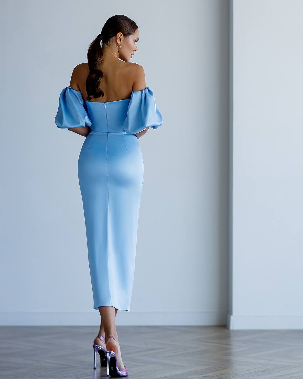 Elegant Royal Satin Midi Dress for Women with Puff Sleeves in Sky Blue