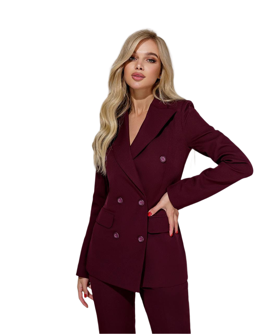Woman wearing a burgundy suit on a white background