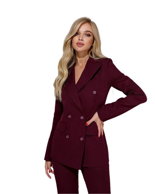 Woman wearing a burgundy suit on a white background