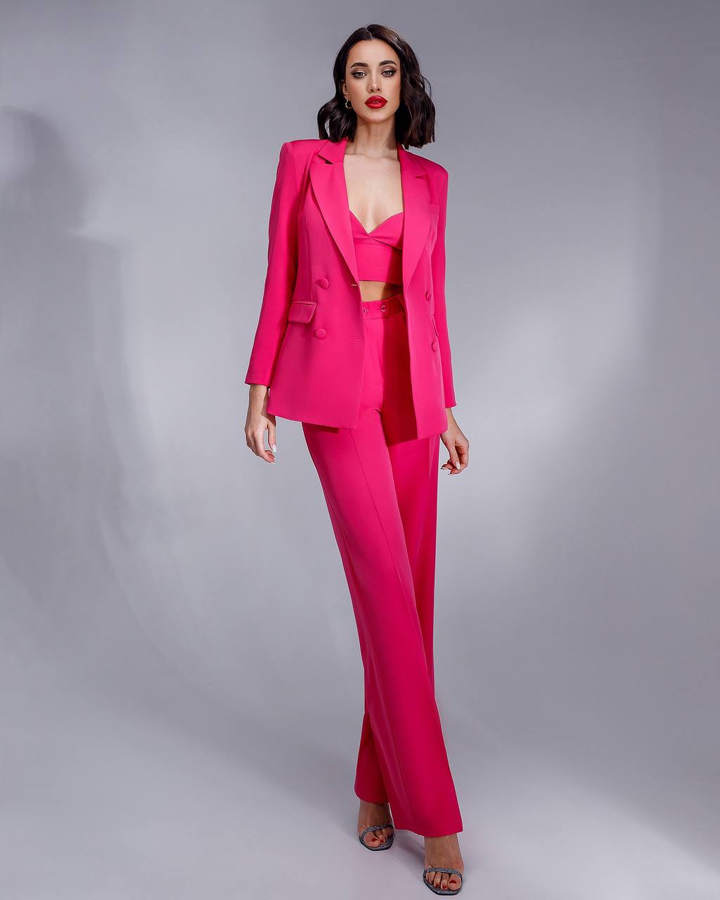 Prom Bridal Wedding Cocktail Graduation Pink Three-Piece Women Suit Jacket Top Trousers Pantsuit Palazzo Pants