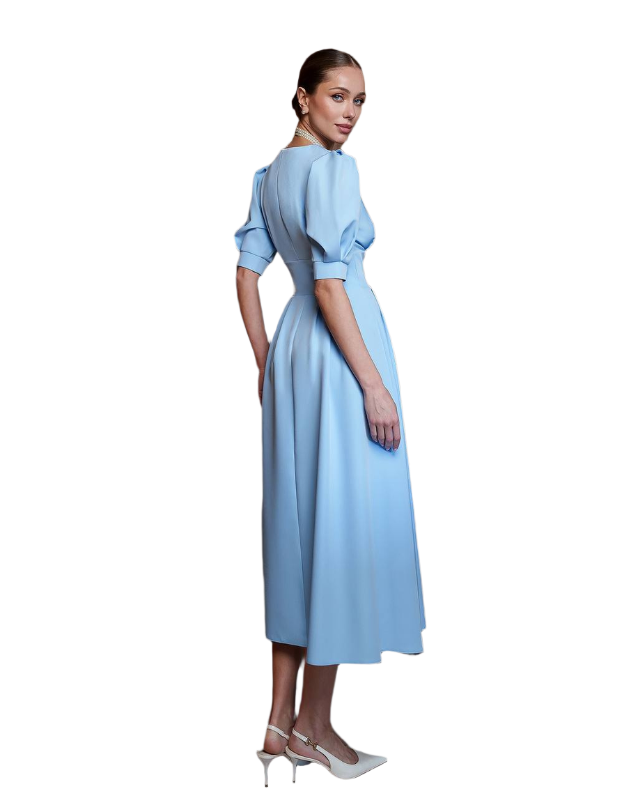 Elegant Women's Light Blue Midi Dress in Premium Crepe Diagonal Fabric
