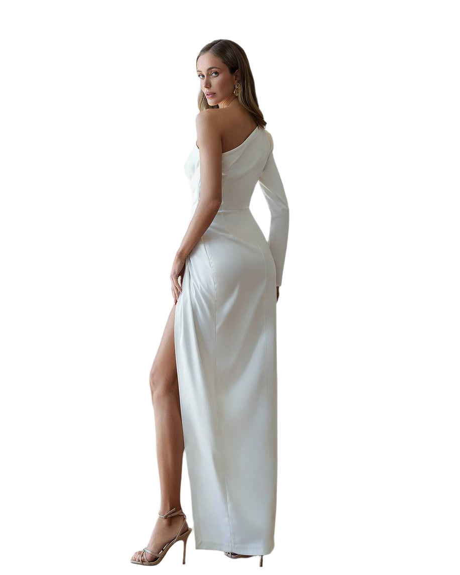 Woman wearing a white one-shoulder gown with a high slit on a white background