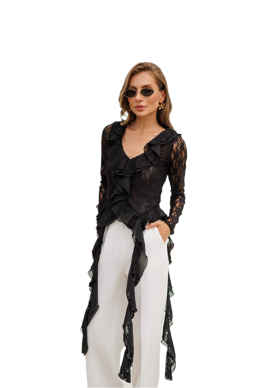Elegant Womens Guipure Lace Blouse with Ruffles in Black