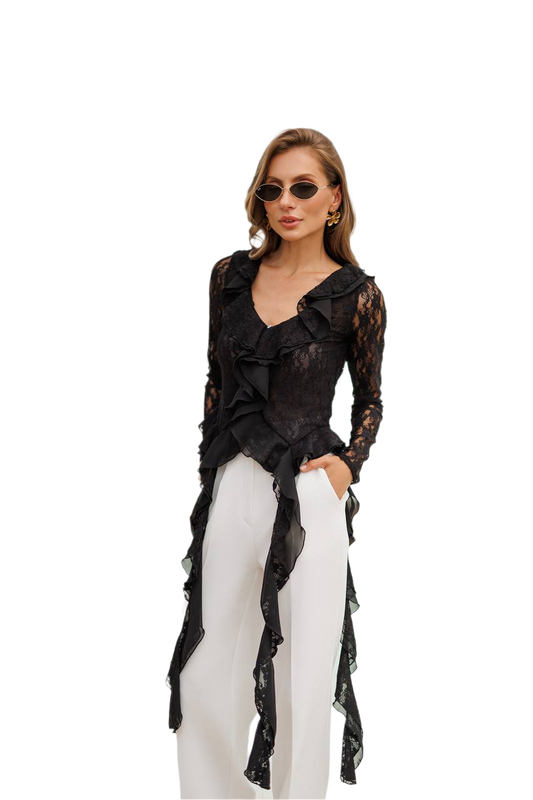 Elegant Womens Guipure Lace Blouse with Ruffles in Black