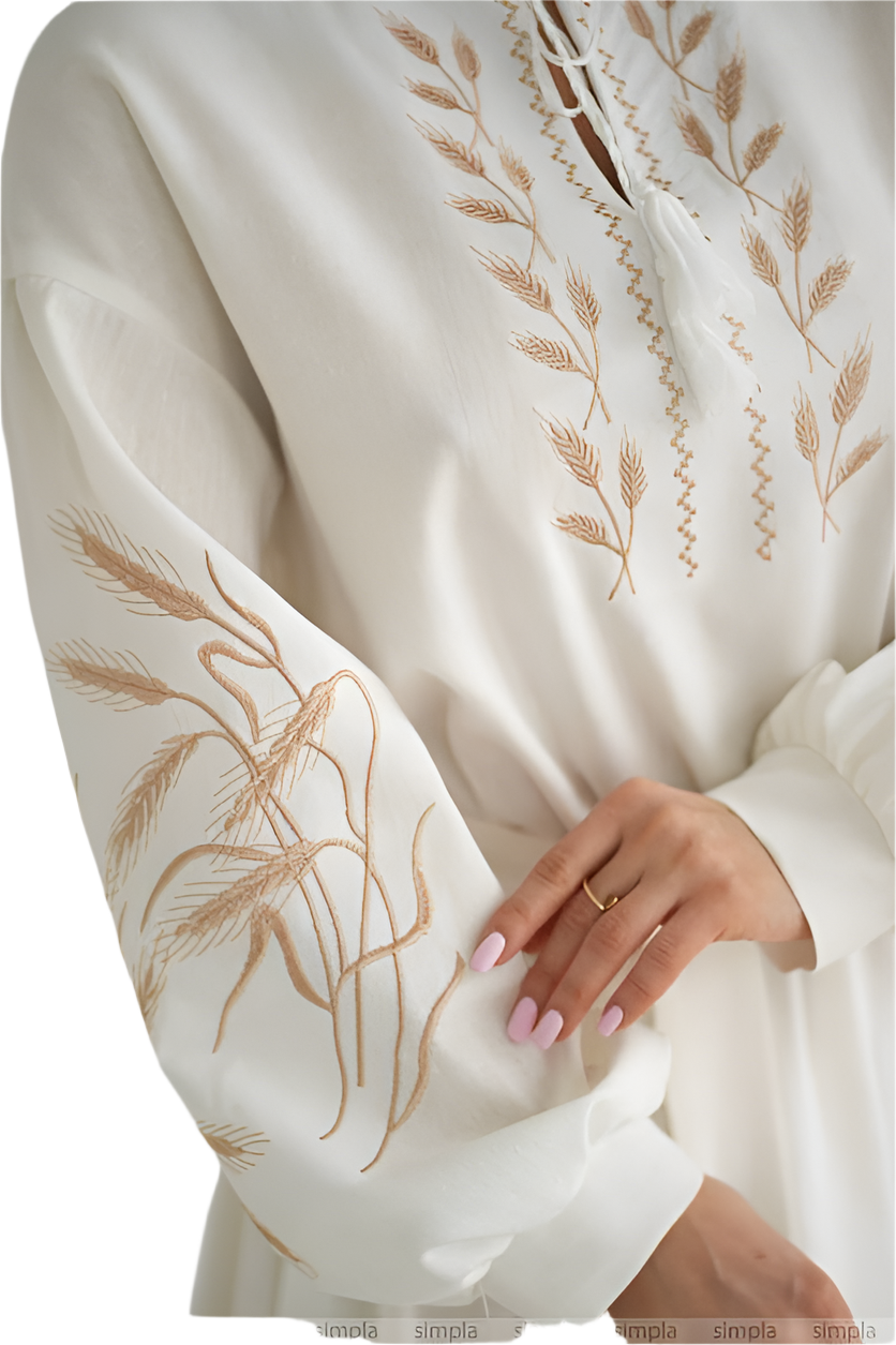 White Linen Embroidered Dress with Flared Skirt and Tassel Neckline