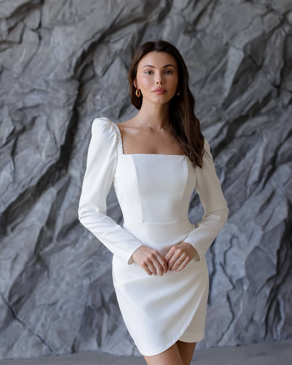 Elegant Off Shoulder Mini Dress in Premium Diagonal Crepe